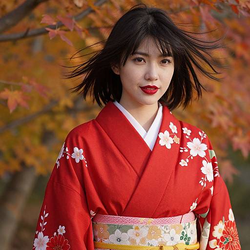 Woman in Red Kimono with Autumn Leaves