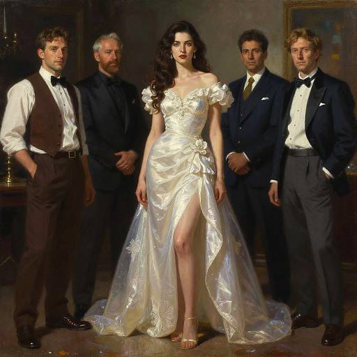 Photorealistic painting of a dark-haired woman in a white, off-shoulder, thigh-high slit gown, flanked by four men in t