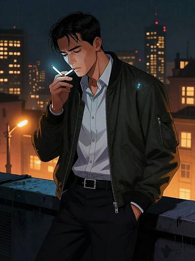 Moody Rooftop Detective in Neon City