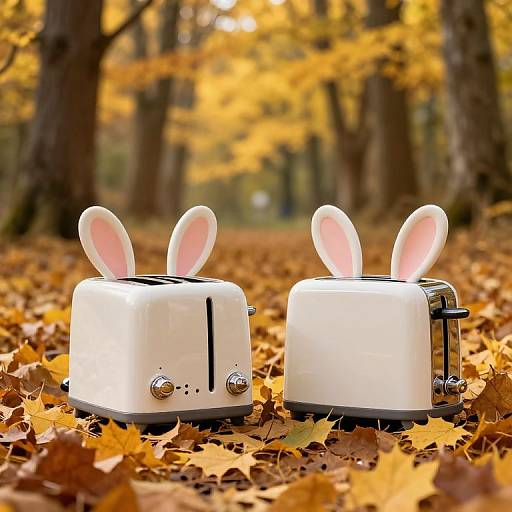 Photograph of two white toasters with pink bunny ears, standing on a forest floor covered in orange autumn leaves.