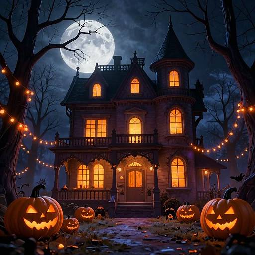 Spooky Halloween night: illuminated Gothic mansion with glowing windows, surrounded by carved jack-o'-lanterns, string lights, and a full moon in