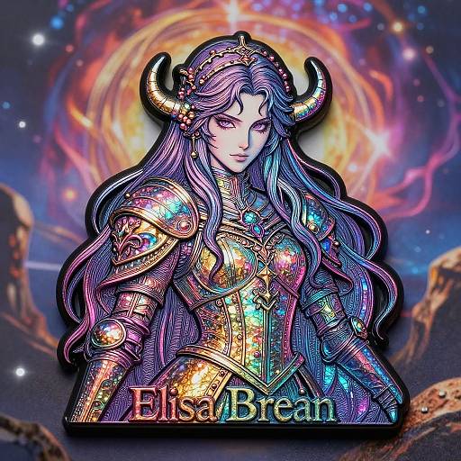 Digital artwork of ElisaBraen, a fantasy female warrior with long purple hair, horned helmet, and colorful, glowing armor, set against