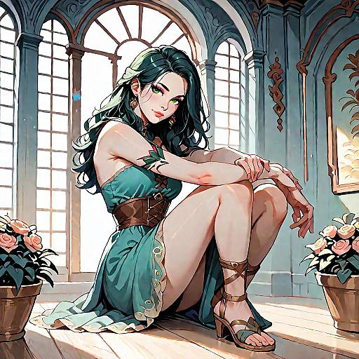 Elegant Woman in Olive Green Dress Sitting Indoors