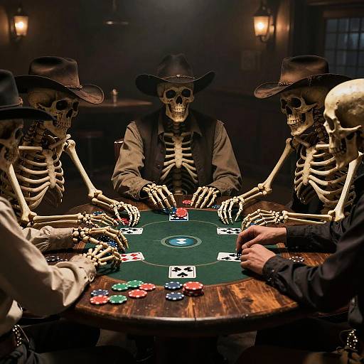 Photograph of four skeletal figures in cowboy hats playing poker at a dimly-lit casino table, with colorful chips and cards.