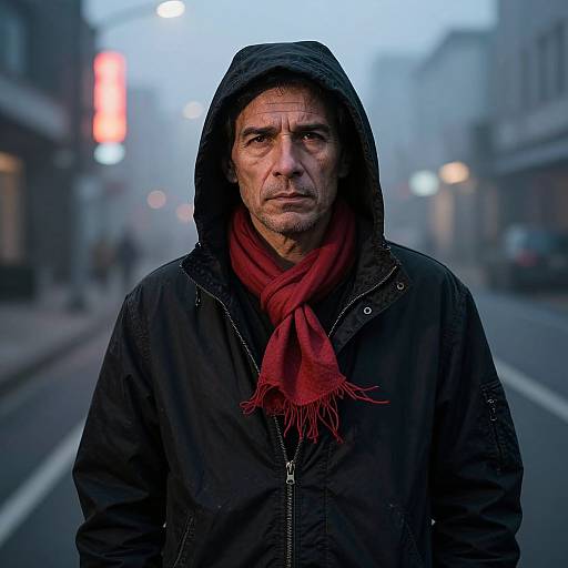 Photograph of a middle-aged man with a serious expression, wearing a black hooded jacket, red scarf, standing on a foggy, dimly