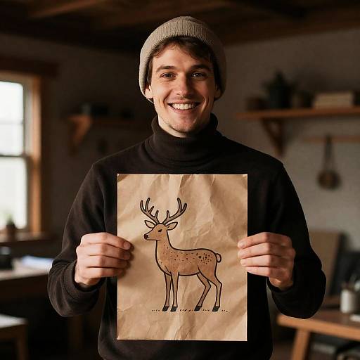 Smiling Man in Rustic Room with Drawing