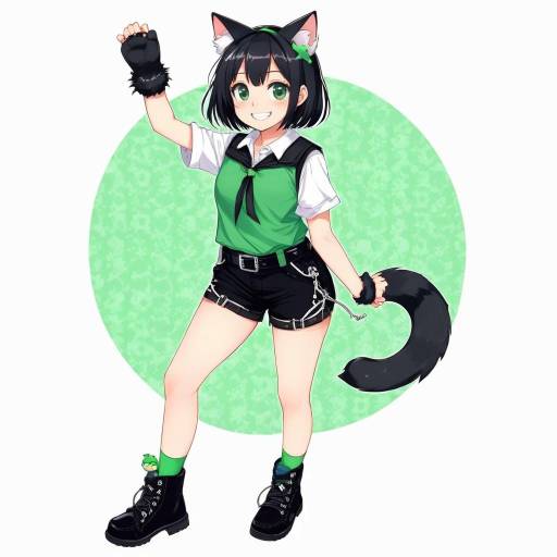 Charming Cat Girl with Green Accents