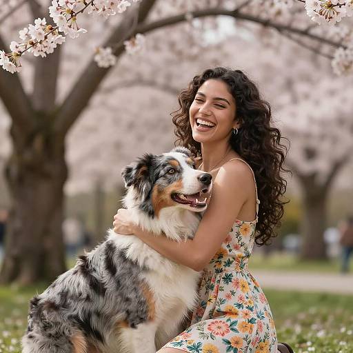 Joyful Moments: Woman and Dog in Bloom