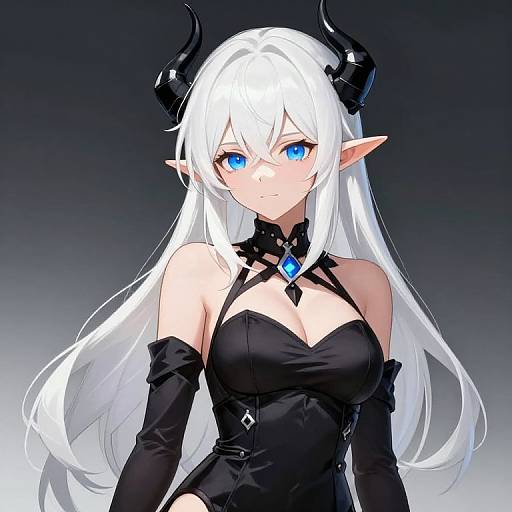 Digital anime-style drawing of a white-haired, blue-eyed, demon girl with black horns, elf ears, and black dress, wearing a glowing blue gem