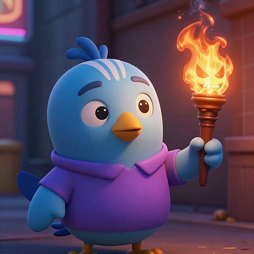 Curious Blue Bird and Fiery Torch