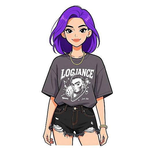 Digital anime-style drawing of a smiling woman with purple hair, wearing a gray 