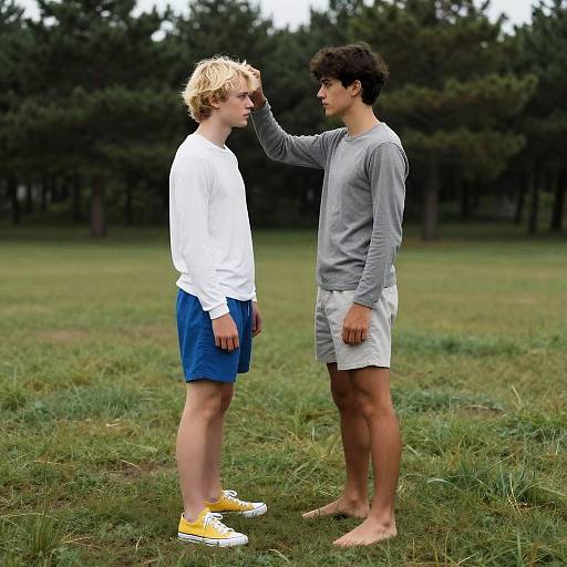 Two Young Men Standing on Grass Field