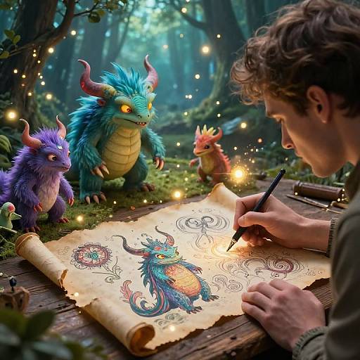 Photorealistic fantasy scene: a curly-haired artist draws a colorful dragon on parchment, surrounded by enchanted, firefly-lit forest creatures.