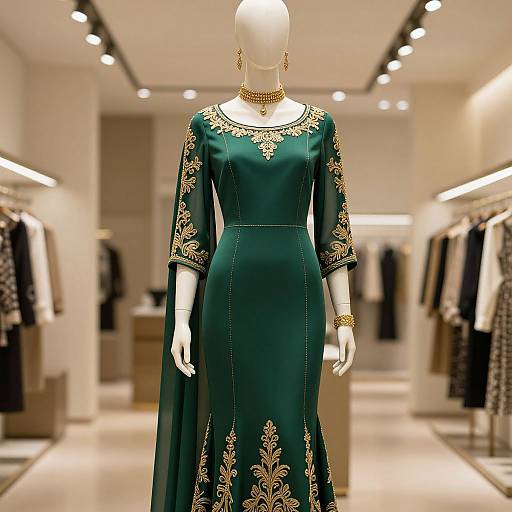 Elegant Green Dress with Gold Embroidery on Mannequin
