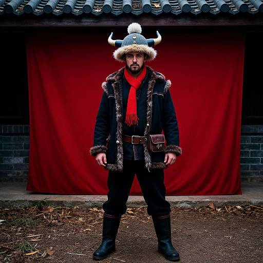 Photograph of a bearded man in a Viking costume with horned hat, red scarf, black fur-trimmed coat, and boots, standing
