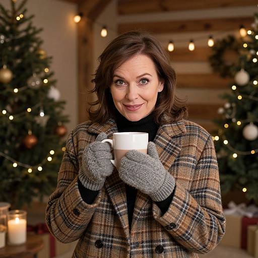 Photograph of smiling brunette woman in plaid coat and gray mittens, holding white mug, surrounded by Christmas trees and lit candles.