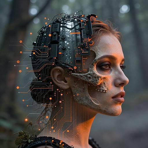 Photorealistic digital artwork of a cybernetic woman with a skeletal face, glowing orange circuitry, and forest background, showcasing futuristic biomechanical