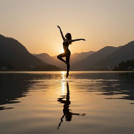 Silhouetted woman dancing on water at sunset, reflected in calm lake, surrounded by mountainous landscape, golden sky, serene and graceful.