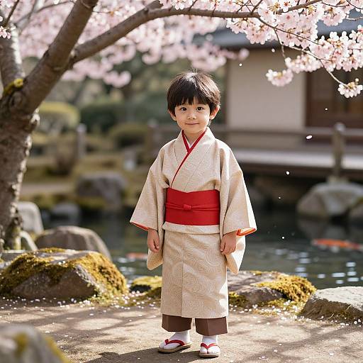 Young Boy in Kimono Under Cherry Blossoms