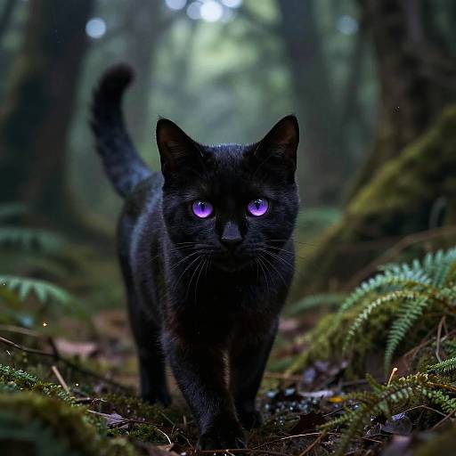 Photograph of a black cat with glowing purple eyes standing in a misty, moss-covered forest, looking directly at the camera.