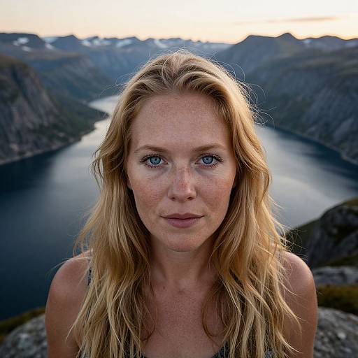 Close-up photograph of a blonde woman with blue eyes and freckles, looking directly at the camera, set against a mountainous lake backdrop at sunset