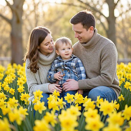 Photograph of a smiling brown-haired family in a sunlit field of vibrant yellow daffodils, wearing cozy sweaters, with the father and