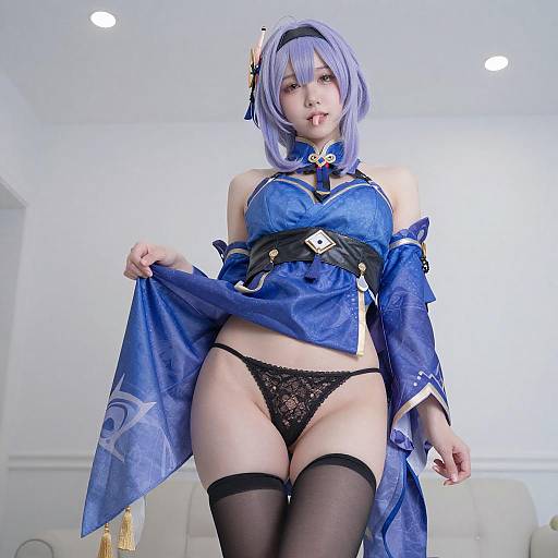 Young Woman in Purple Hair Cosplay