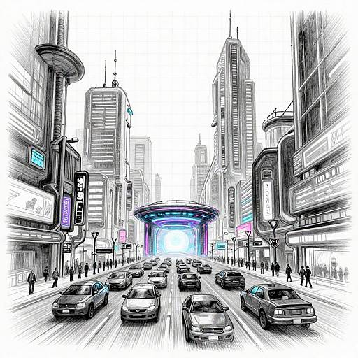 Digital drawing of a bustling futuristic city street, lined with towering skyscrapers, neon signs, and numerous cars. Central bright light adds a vibrant glow