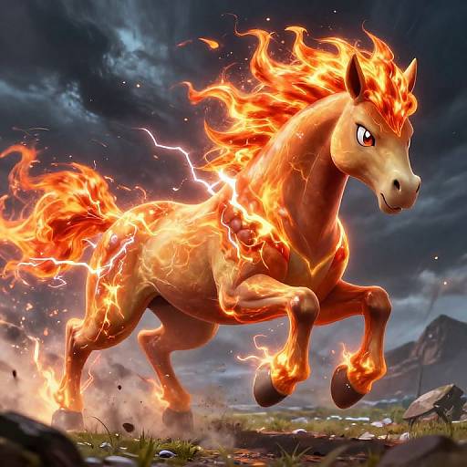 Digital artwork of a fiery, orange horse with glowing flames running in a stormy, mountainous landscape, with dark clouds and lightning.