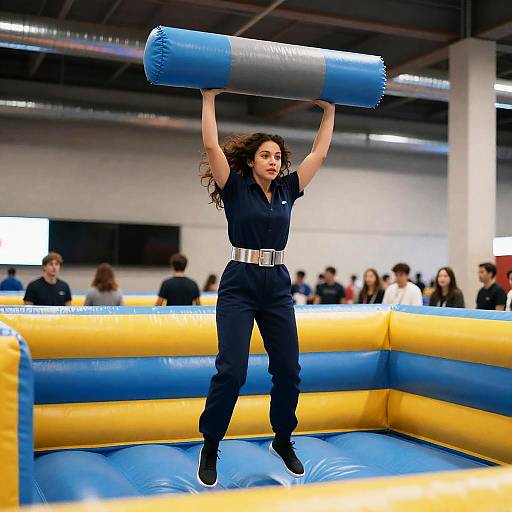 Woman Jumping on Inflatable Course