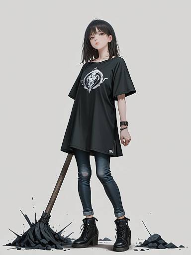 Digital anime-style drawing of a young woman with black hair, wearing an oversized black shirt, skinny jeans, and black boots, standing with a broken bro