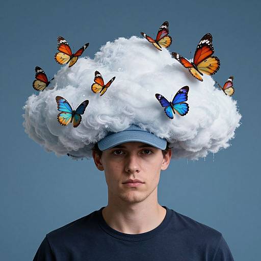 Photograph of a young man with pale skin, wearing a black shirt and blue cap, and a white, fluffy, cloud-like hat adorned with colorful