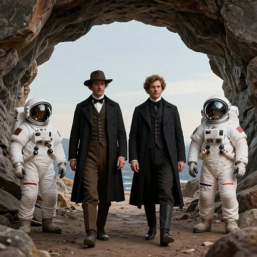 Photograph of two Victorian men in black coats and hats, flanked by two astronauts in white spacesuits, standing in a rocky cave entrance with a