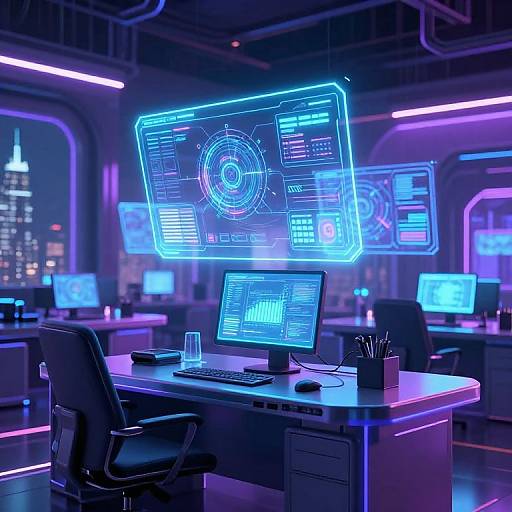 Neon-lit futuristic control room with holographic screens, blue and purple lighting, multiple computer monitors, and black office chairs. City skyline visible through