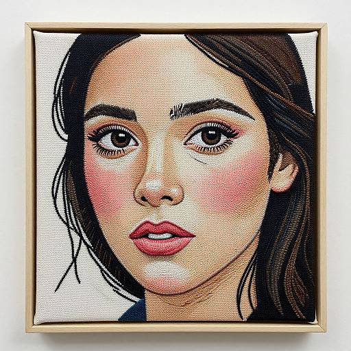 Pop art-style digital portrait of an Asian woman with dark hair, pink cheeks, and red lips, framed in a light wooden frame.