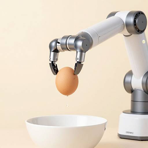 Photograph of a white robotic arm with dual claws grasping a brown egg above a white bowl against a plain background.