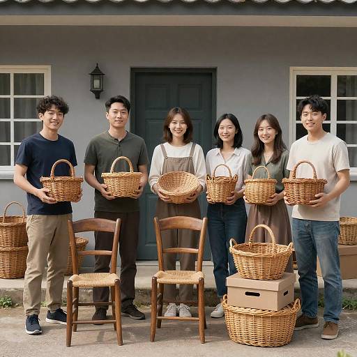 Cheerful Group with Wicker Furniture Outdoors