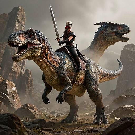 Digital artwork of a warrior in medieval armor riding a large, detailed, green and brown dinosaur with a sword, set in a rocky, misty landscape