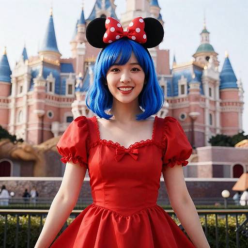 Photograph of an Asian woman with blue bob hair, red dress, and Minnie Mouse ears with a red polka-dot bow, smiling in front