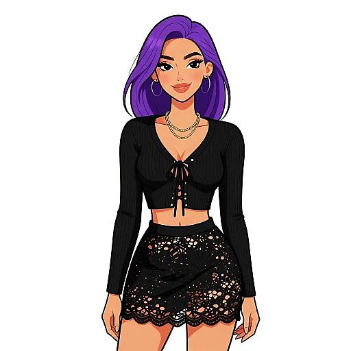 Digital illustration of a confident woman with purple hair, black crop top, lace skirt, gold necklace, and hoop earrings. White background.