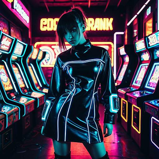 Cyberpunk Fashion in Neon Arcade