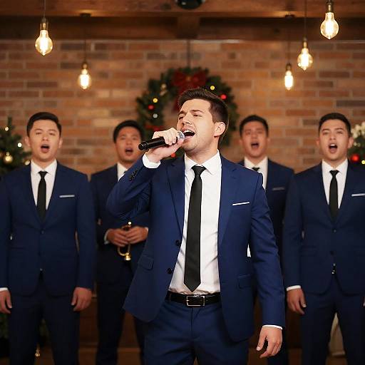 Male Singer Performing with Group in Blue Suits