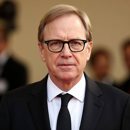Photograph of a middle-aged man with light skin, blonde hair, black-framed glasses, wearing a black suit, white shirt, and black tie
