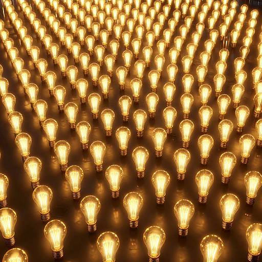 Photograph of numerous glowing yellow incandescent light bulbs arranged in a grid pattern, creating a warm, repetitive, and visually striking effect.