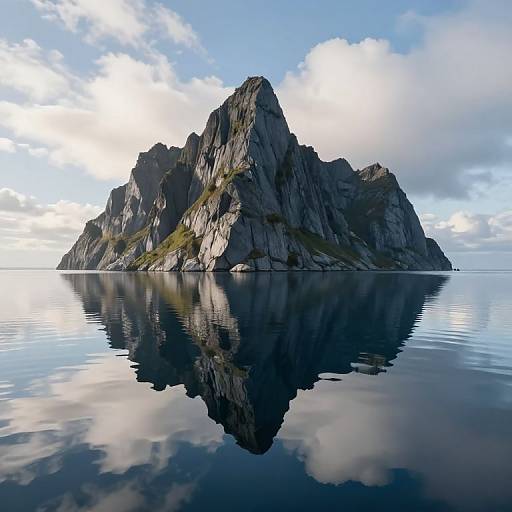 Photograph of a rugged, rocky island with sharp peaks, reflected perfectly in calm, mirror-like water under a partly cloudy blue sky.