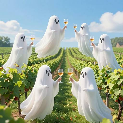 Digital artwork of six white, ghost-like figures with black eyes, standing in a vineyard, holding glasses of wine, under a bright blue sky.