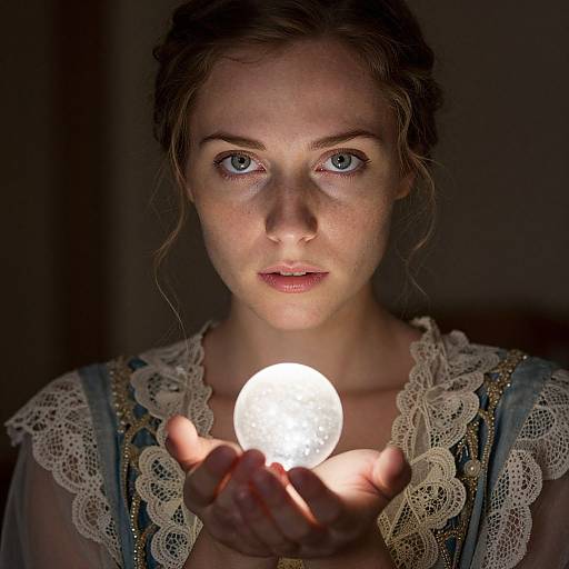 Photograph of a young woman with blue eyes, freckles, and wavy brown hair, holding a glowing light bulb close to her face,