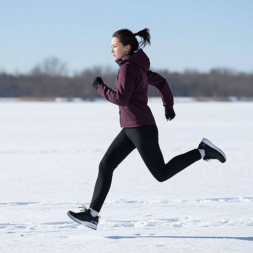 Photograph of a woman with dark hair in a ponytail, wearing a maroon jacket, black pants, and black sneakers, running on a frozen