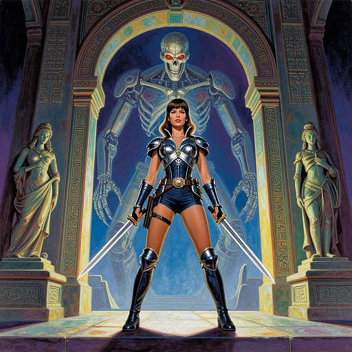 Digital art of a fierce woman in black armor and shorts, holding dual lightsabers, facing a glowing, skeletal monster in an ancient temple archway