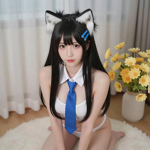 Nude Woman with Cat Ears and Blue Tie